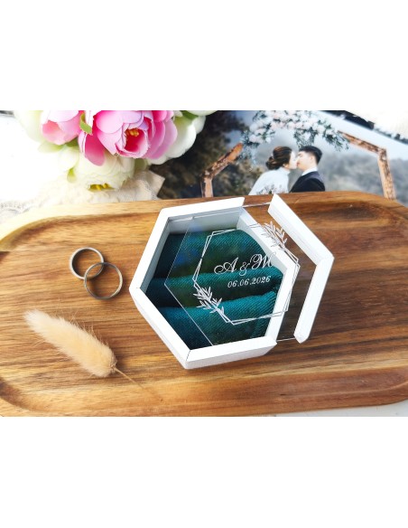 Personalized wooden ring box with clear plexiglass lid, engraved initials and silk velvet