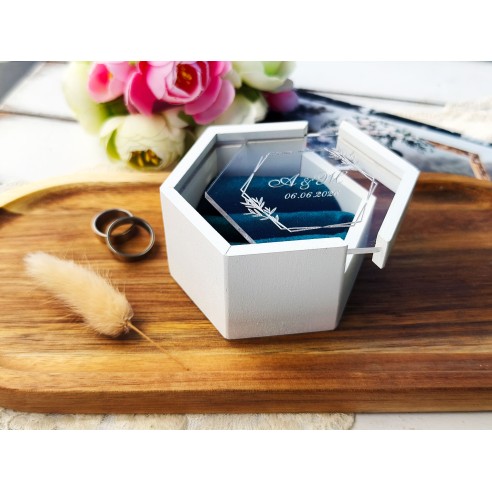Wooden wedding ring box with velvet and custom engraving