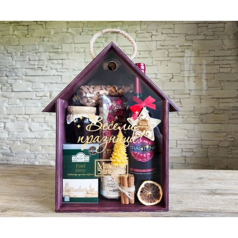 Handmade wooden house-shaped gift box with transparent sliding lid