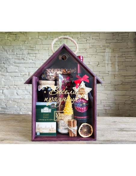 Handmade wooden house-shaped gift box with transparent sliding lid