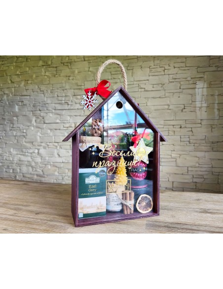 Corporate wooden box with house shape and transparent lid