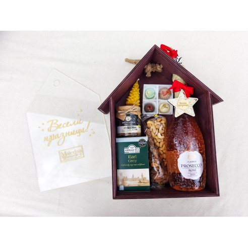 Handmade wooden house box with elegant transparent lid and rope handle