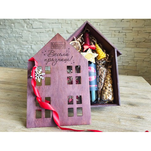 Luxury wooden box in the shape of a house for wine or champagne