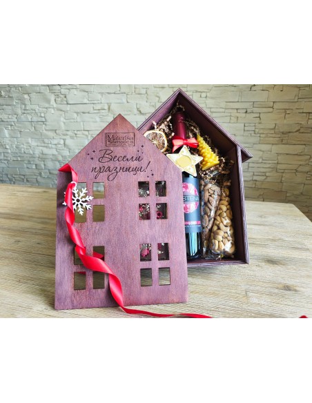 Luxury wooden box in the shape of a house for wine or champagne