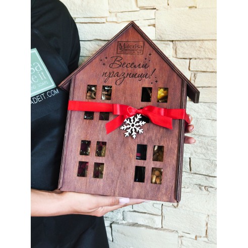 Elegant wooden box with a house design and a hole for the neck of the bottle