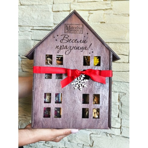 Wooden gift box house with rope handle and a place for a bottle