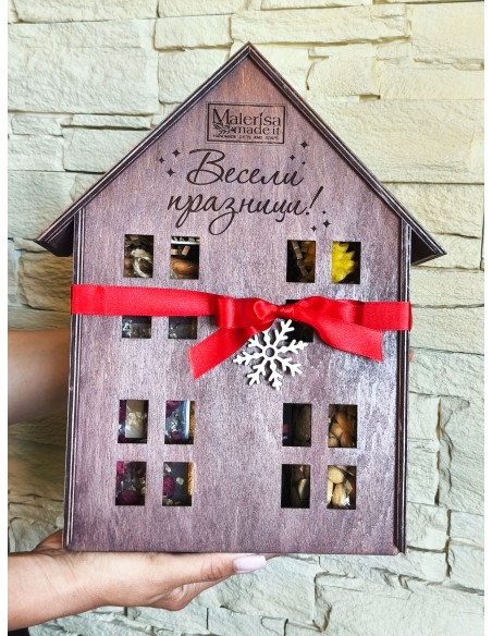 Wooden gift box house with rope handle and a place for a bottle
