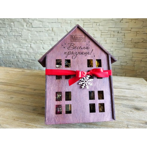 Handmade wooden gift box house with sliding lid and bottle opening