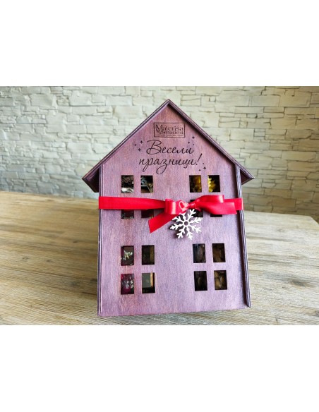 Handmade wooden gift box house with sliding lid and bottle opening