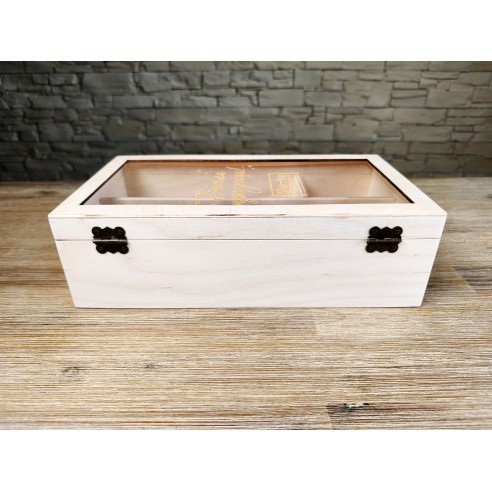 Stylish wooden gift box with functional compartments and transparent lid