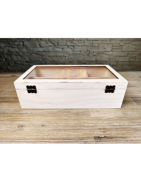 Stylish wooden gift box with functional compartments and transparent lid
