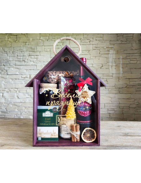 Handmade wooden house-shaped gift box with transparent sliding lid