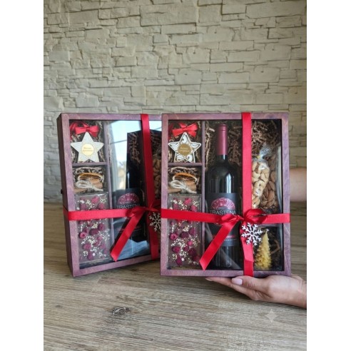 Corporate gift box with compartments for wine, chocolate and delicacies