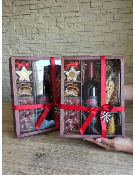 Corporate gift box with compartments for wine, chocolate and delicacies