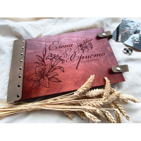 Personalized photo album with wooden cover and genuine leather