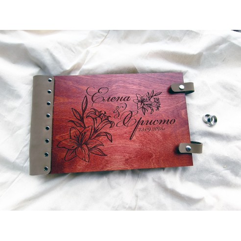 Wooden wedding photo album with laser engraving