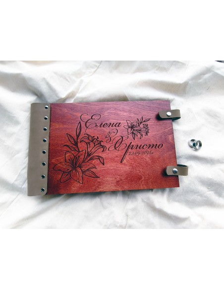 Wooden wedding photo album with laser engraving