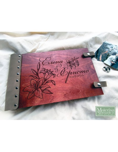 Wedding photo album with wood and genuine leather