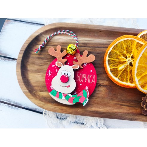 Personalized wooden tree ornament with a bell