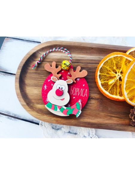 Personalized wooden tree ornament with a bell