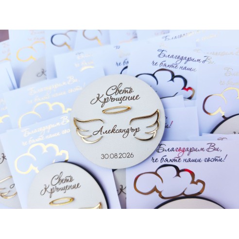 Small favor for holy christening guests featuring angel wings