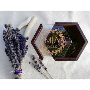 Hexagonal Wooden Ring Box with Moss and Clear Lid