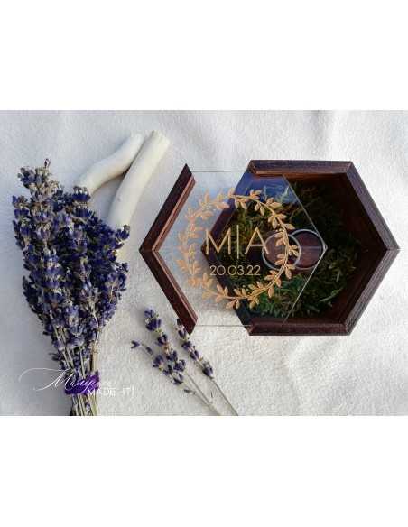 Hexagonal Wooden Ring Box with Moss and Clear Lid
