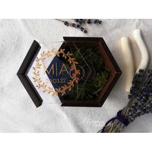Wooden Hexagonal Wedding Ring Box with Moss