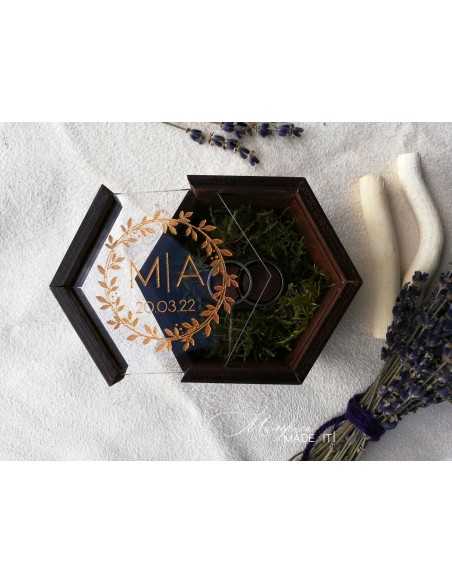 Wooden Hexagonal Wedding Ring Box with Moss